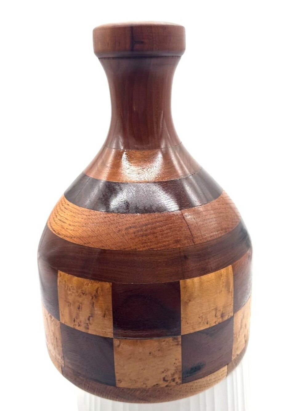 Handcrafted Wooden Decorative Vase from Kaneohe Hawaii W/ Checkered Pattern 11"H